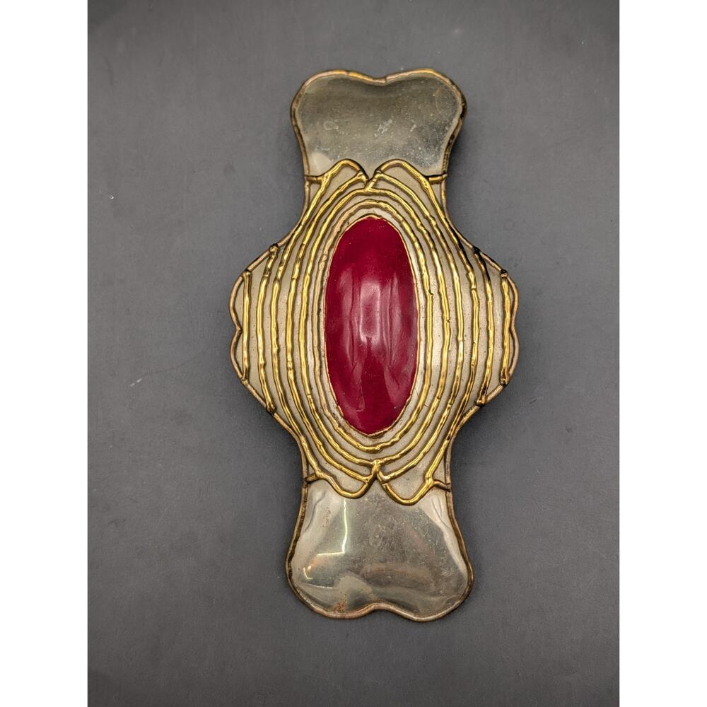 Vintage Artisan Brutalist Silver/Gold Tone Red Resin Enamel Statemen Belt Buckle